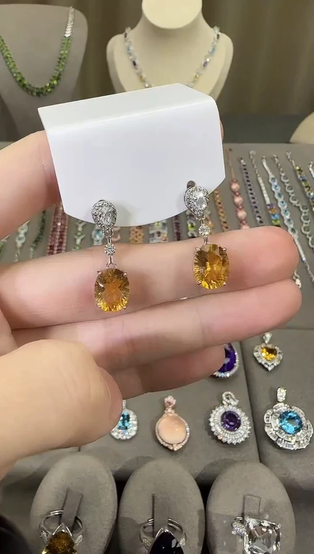 银S925镶嵌耳饰黄晶10*8mm耳坠设计款