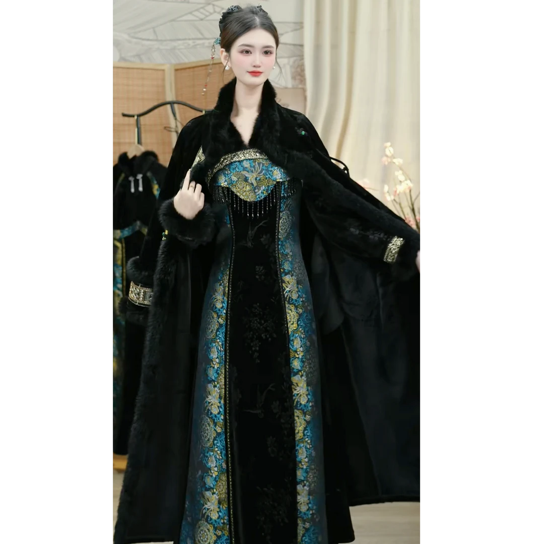 羽唐名2025冬季新款黑色民族风加绒复古日常女装旗袍套装（5972）