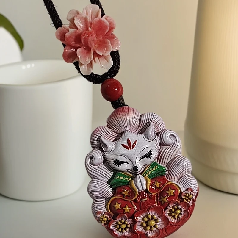 含辰砂工艺品保真正品朱砂彩绘红砂九尾狐吊坠