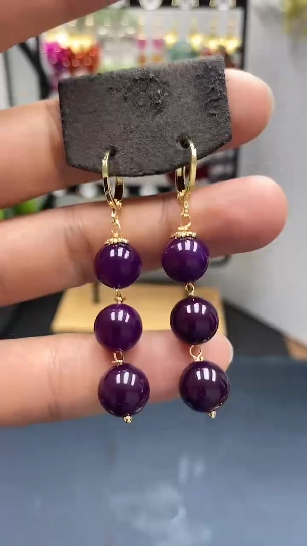 苏纪石（舒俱来）银S925镀金镶嵌耳坠尺寸10mm连珠耳扣777