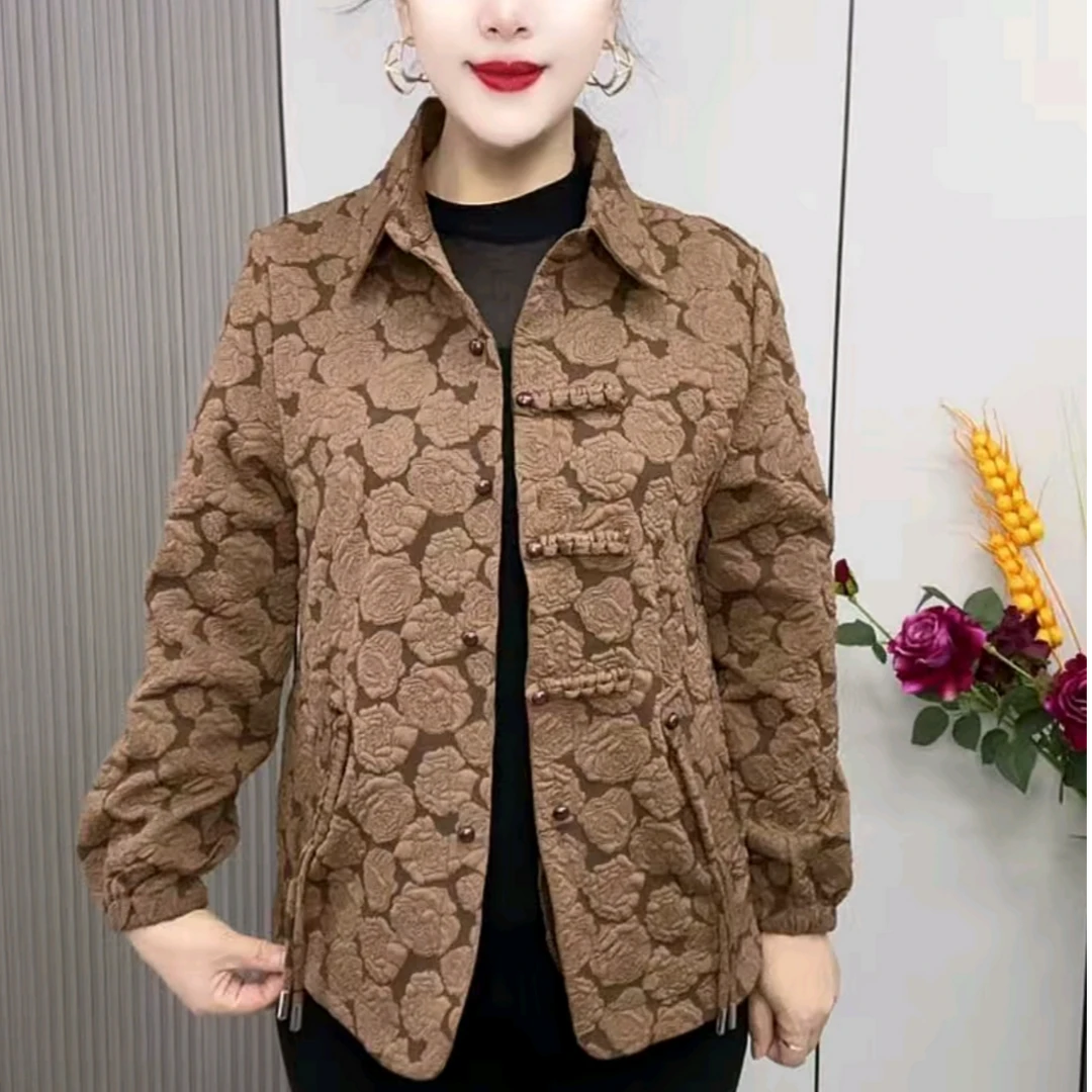 中老年妈妈休闲外套2025秋季新款洋气复古盘扣简约拼接POLO领上衣