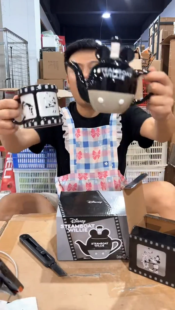 瓷片原盒米奇威力汽船茶壶加米奇胶片水杯