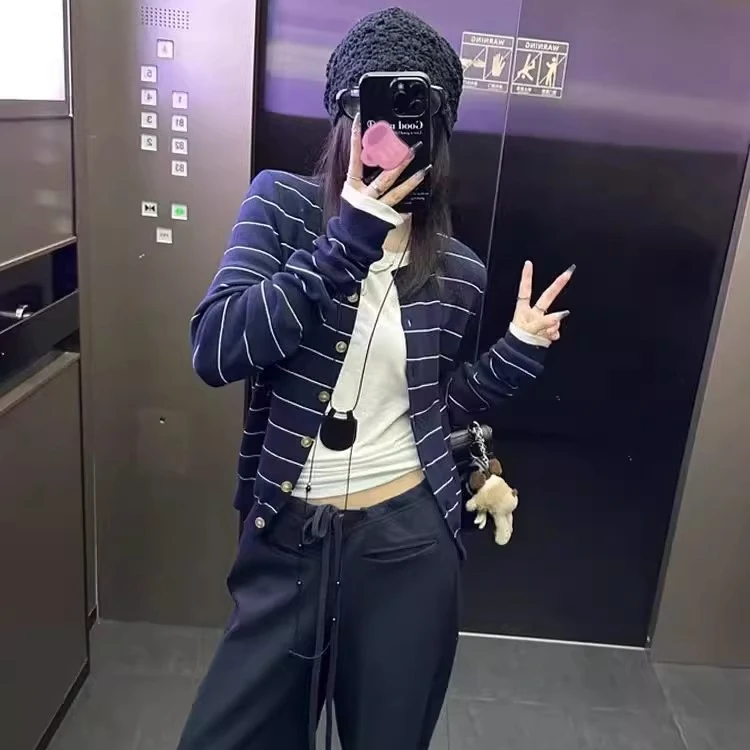 法式慵懒风条纹长袖针织衫女2025春季新款百搭显瘦外搭洋气外套潮