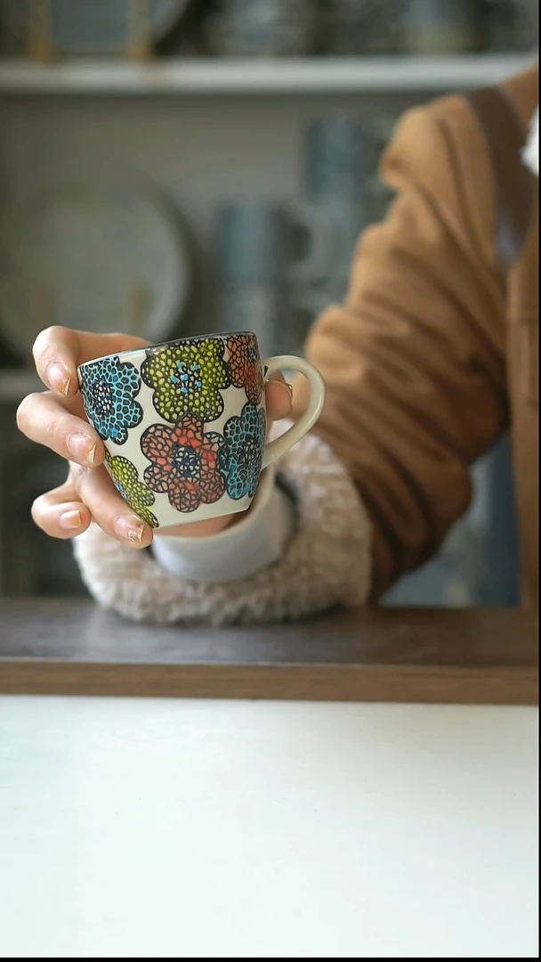 陶手绘油画风山茶花浓缩杯120ml@4-2@微瑕