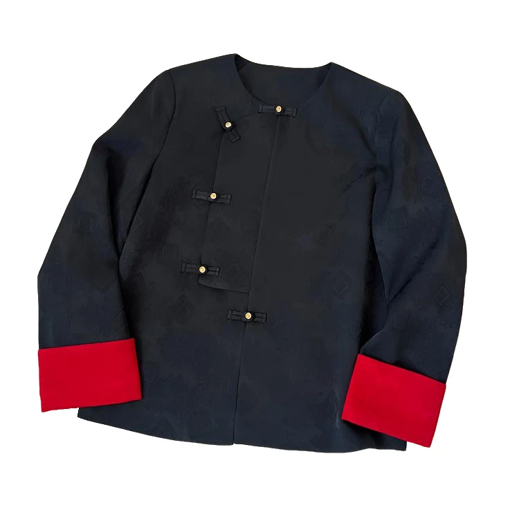 【佳文定制】1754新中式盘扣撞色提花外套女春秋大码开衫上衣外套