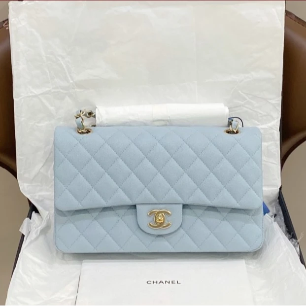 未使用 Chanel/香奈儿 小花柳 CF 口盖包 中号 婴儿蓝 芯片