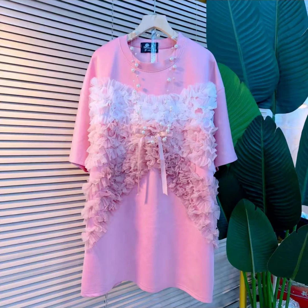 欧洲站时尚重工艺蕾丝立体花朵拼接中长款宽松半袖大衫（衣长79）