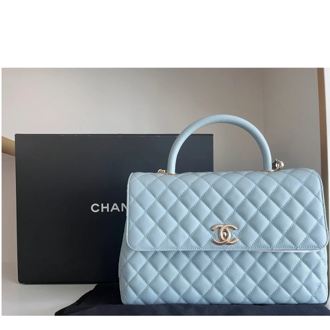 99新 Chanel/香奈儿 小花黑黑  Coco Handle 大号 蓝色 芯片开