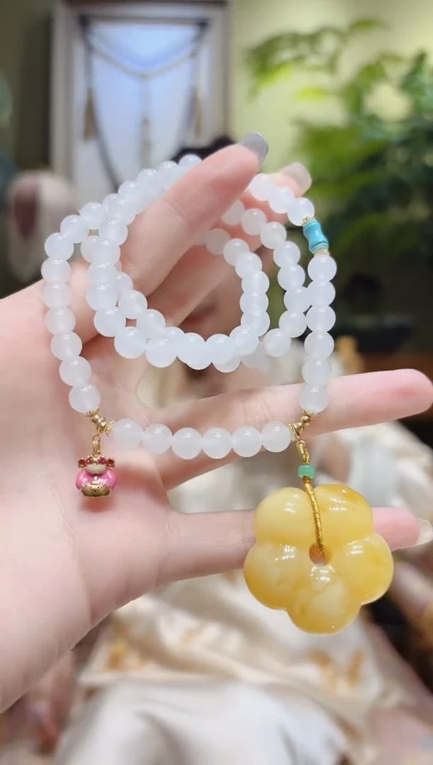 【闪购商品】和田玉项链18K金镶嵌蜜蜡花粉财神和田玉项链