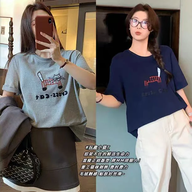 【NAZ微胖大码高端定制】卡通猫咪刺绣T恤