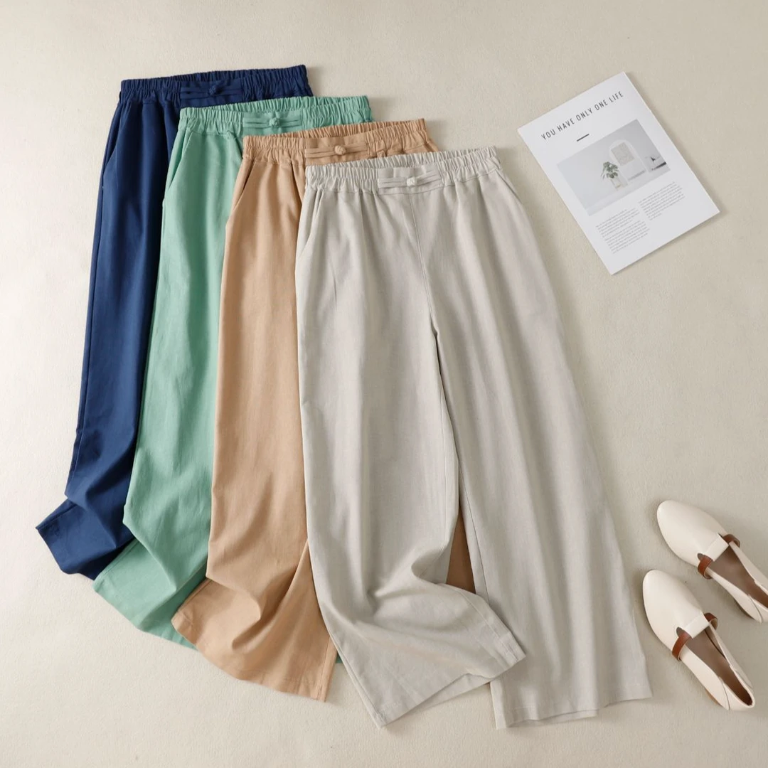 【现货+运费险】盘扣高腰棉麻直筒裤休闲裤子宽松棉麻九分夏季松紧
