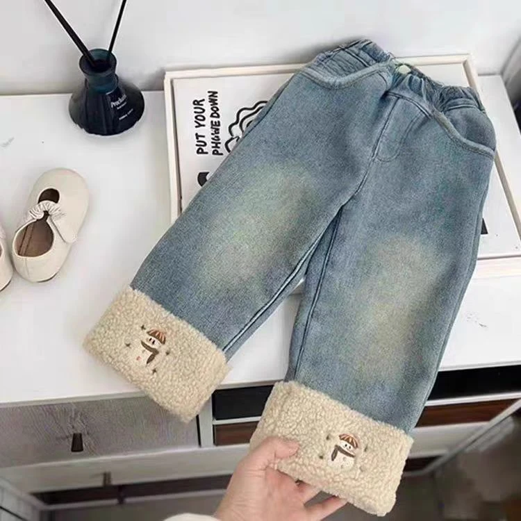 现货FF487女童冬季雪人加绒牛仔裤