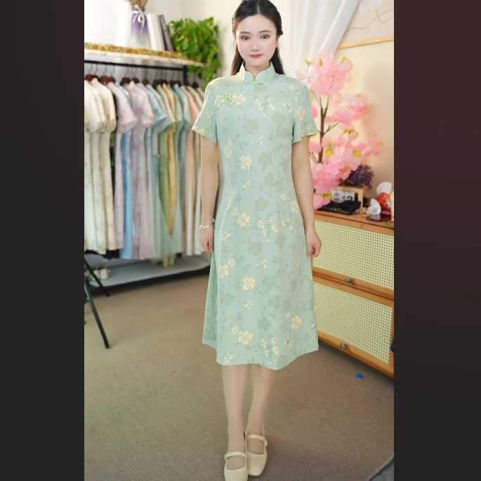 夏季-【浅笑嫣然】减龄气质中长款优雅改良遮肉显瘦旗袍裙
