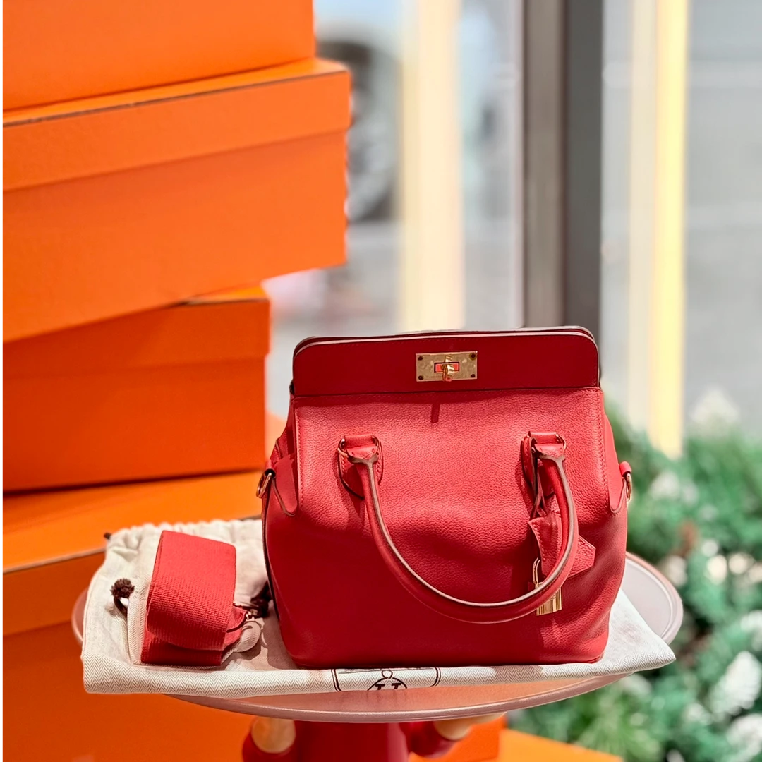 95新 Hermes/爱马仕 toolbox20牛奶盒子包 番茄红淡金扣ec皮A刻