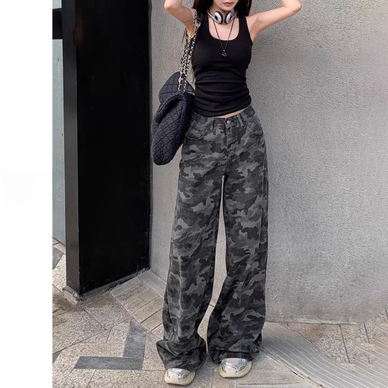 美式复古迷彩阔腿牛仔裤女2025春季新款高腰宽松显瘦直筒拖地裤子