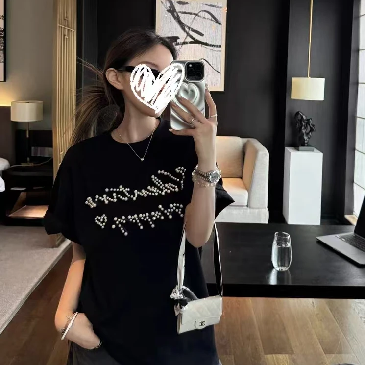 2025新款夏季黑色短袖重工高克重100棉珍珠钉珠T恤ZXH2127