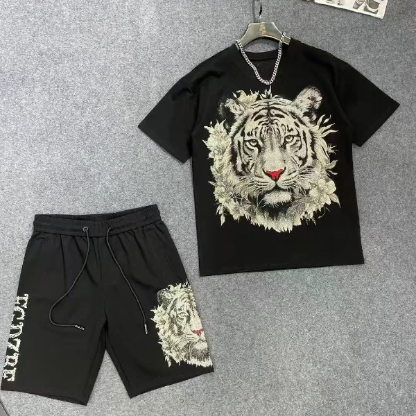 套装991潮牌新款虎头白钻烫钻T恤上衣+短裤男女同款黑白半袖时尚