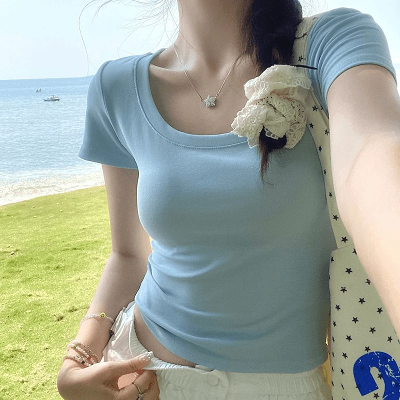 ins正肩短袖t恤女夏季打底显瘦修身锁骨甜辣短款上衣甜美