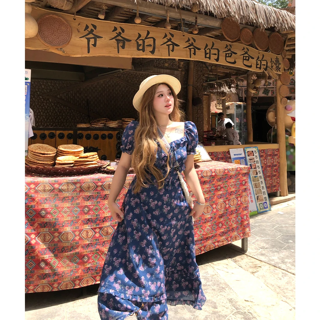 安妮不火【塔里木格桑花】新款复古碎花泡泡袖小众连衣裙A252Q0394