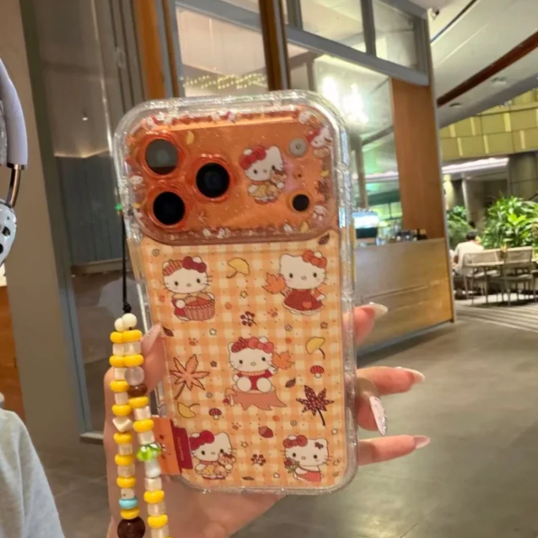 可爱黄格纹枫叶kitty猫适用苹果17promax/16pro手机壳15保护套14