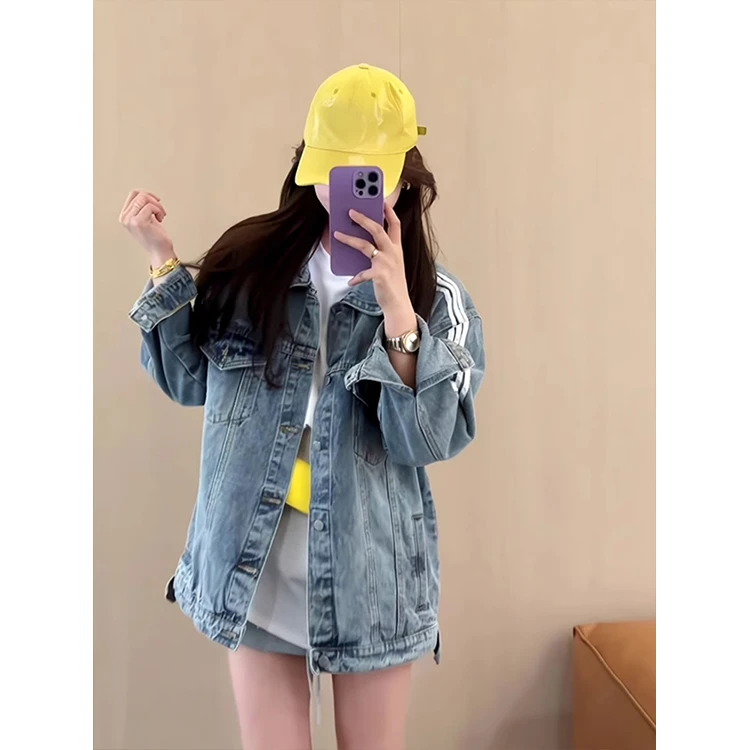 美式复古水洗三条杠撞色牛仔外套女春秋2025新款宽松翻领夹克上衣