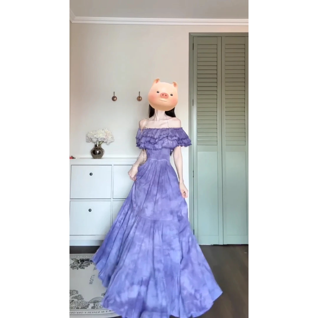 parkyeon紫色扎染荷叶边连衣裙法式海边度假大方得体裙子女夏季