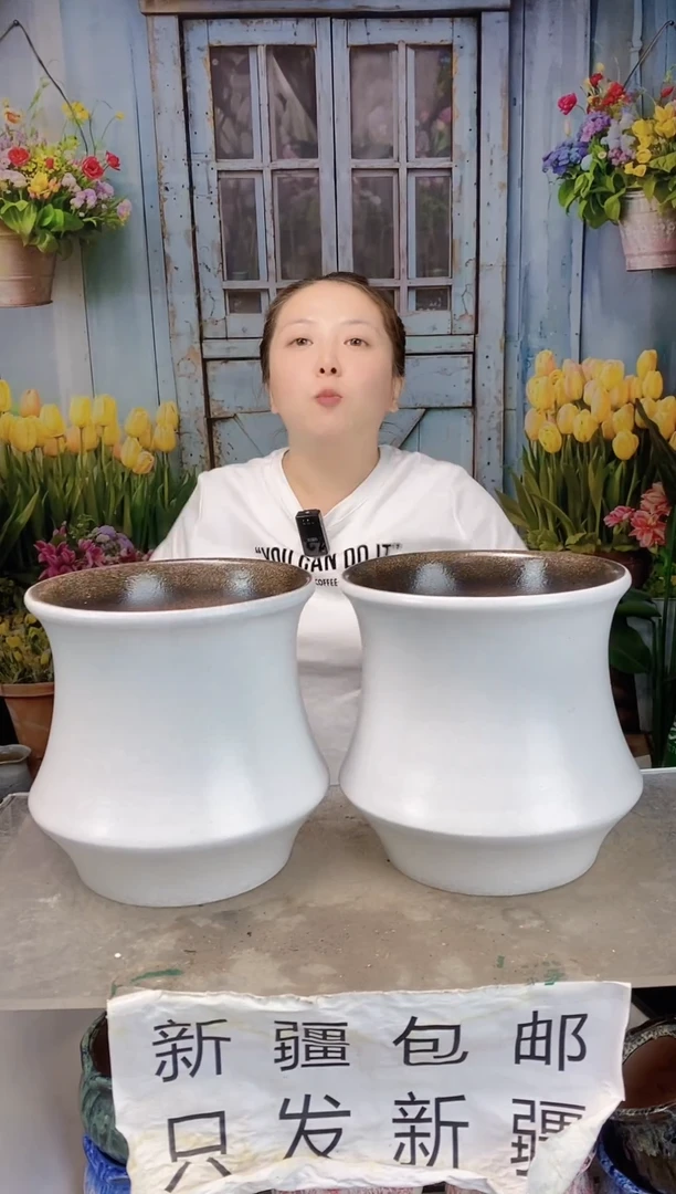 050 白色收腰陶盆两个装 口19高20