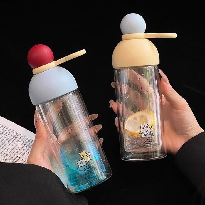 绚青高颜值双层玻璃杯女生大容量便携提手随手杯子学生上学咖啡杯