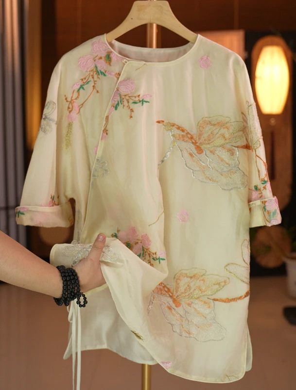 天丝刺绣蜻蜓常规夏季薄款斜襟中袖圆领上衣大袖刺绣中长款复古