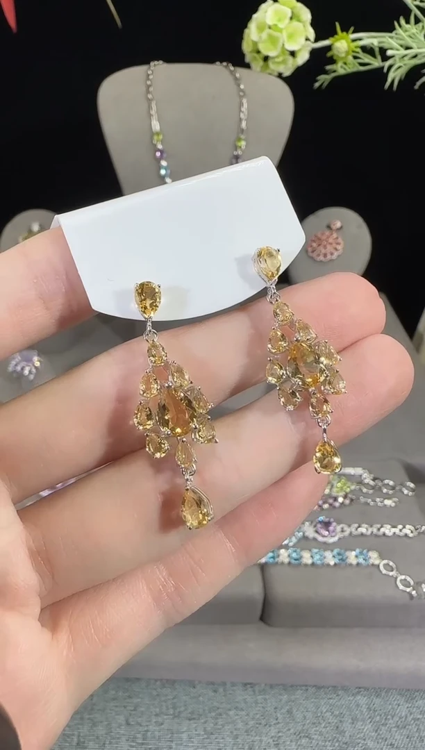 黄晶耳饰银S925镶嵌9*7mm耳坠