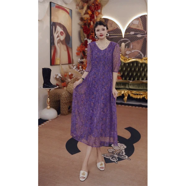 《夏日香妃》 KF007-2 时尚碎花显瘦气质夏季女士轻奢连衣裙