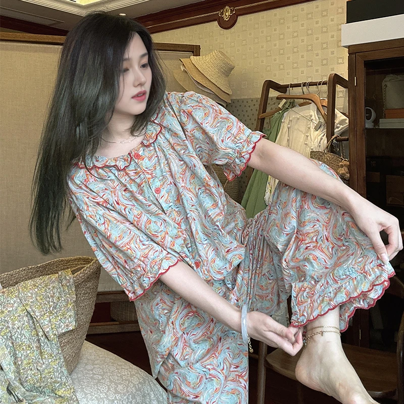 高档纯棉睡衣女夏季2025新款短袖长裤碎花复古家居服套装宽松休闲