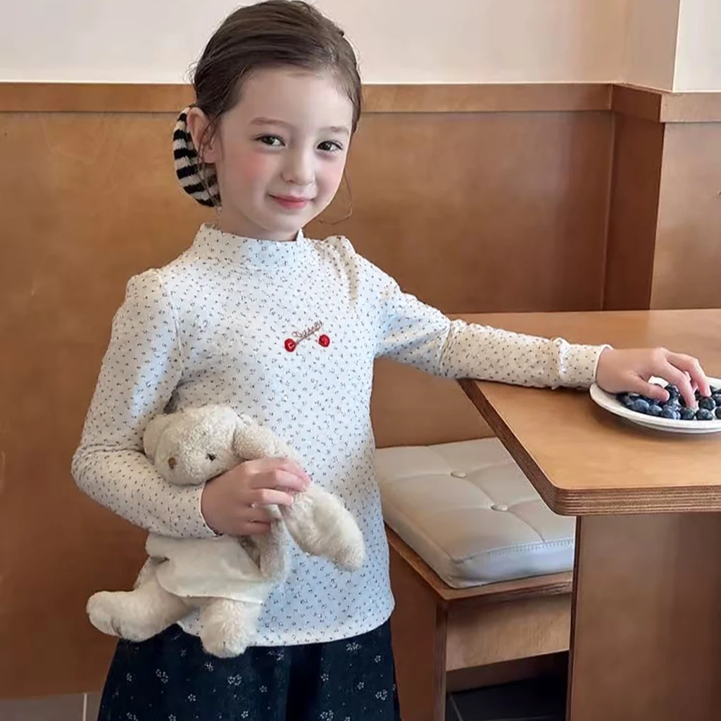 女童T恤打底衫加绒加厚半高领女宝宝小花蝴蝶结套头一体绒内搭