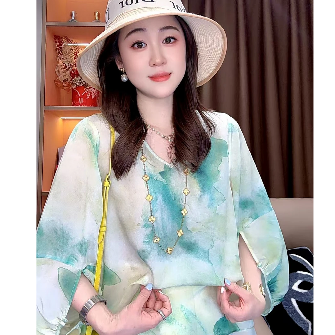 【丝芙玉禄】（F522）100%真丝双绉创意山水墨桑蚕丝t恤上衣