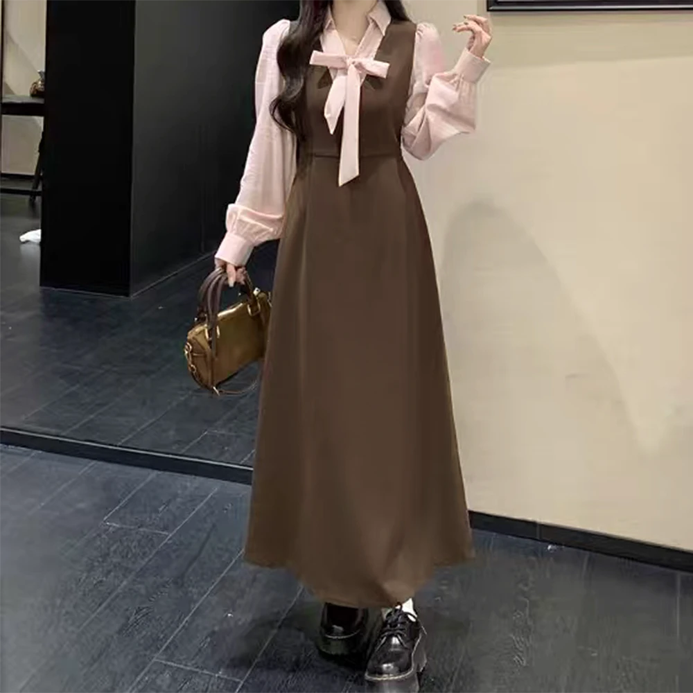 大码女装300斤胖MM法式气质假两件撞色拼接长袖连衣裙10285