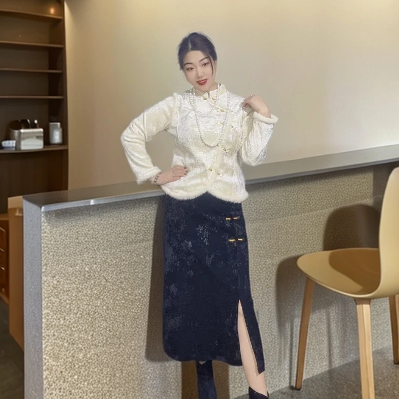 2024新中式国风盘扣立领显瘦T恤 冬款复古气质提花加绒上衣281