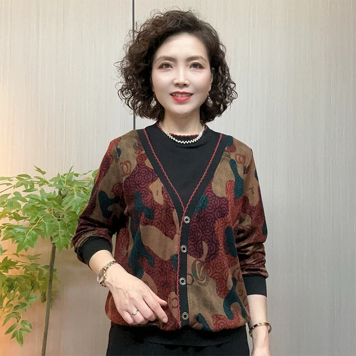 秋冬中老年妈妈时尚宽松假两件气质洋气流光风洋气减龄休闲打底衫