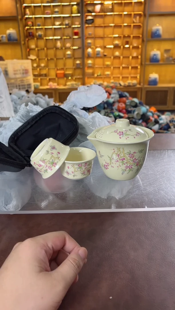 瓷片鸣盏居11111紫藤花手抓壶旅行茶具