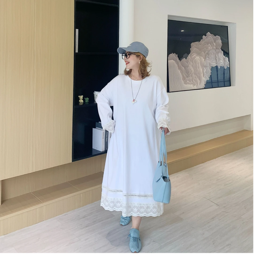 媛子大码【有点甜】纯色拼接蕾丝边设计款宽松连衣裙时尚洋气百搭