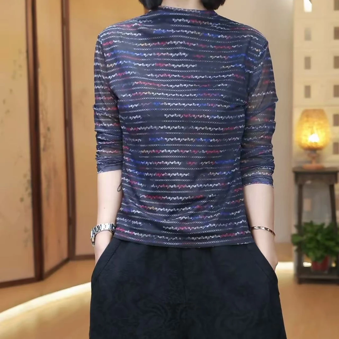 彩色条纹网纱小衫-X