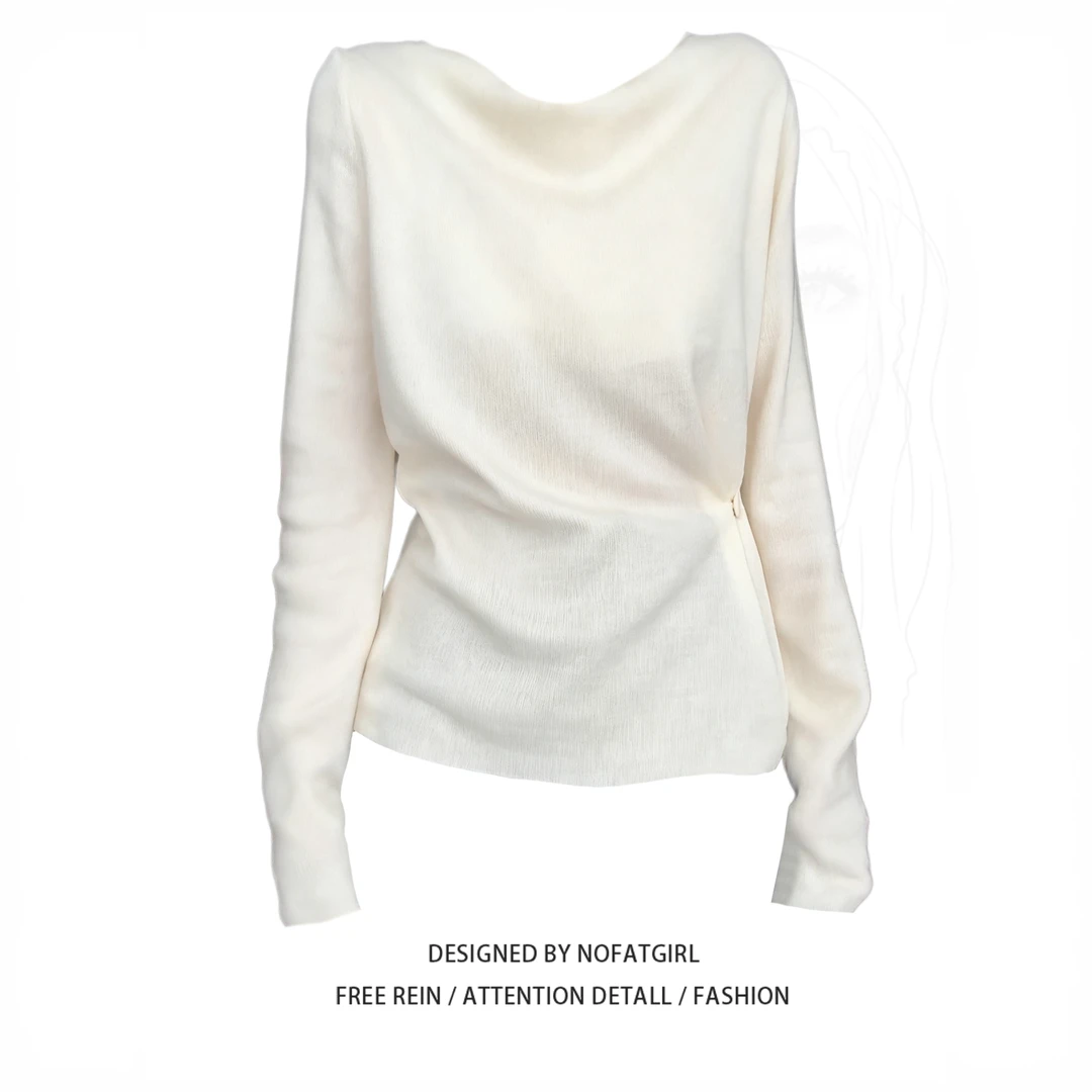 大码胖妹妹高级感法式荡领斜扣针织衫女秋季收腰显瘦长袖气质上衣