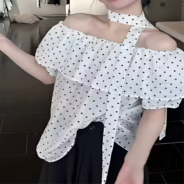 【经典永恒】大码胖mm法式上衣女夏一字露肩短袖+气质波点蛋糕裙