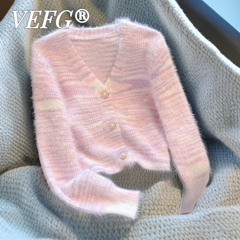 VEFG高端V领软蜡针织女式开衫秋季新款甜美宽松慵懒风针织衫长袖