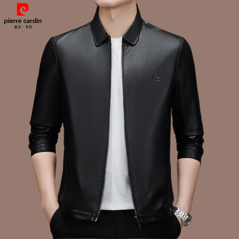 皮尔卡丹专属男士翻领皮衣商务休闲皮夹克爸爸款时尚中年春秋