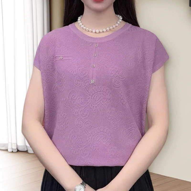 针织衫夏季新款韩版圆领套头时尚假口袋半袖上衣针织短袖T恤女潮