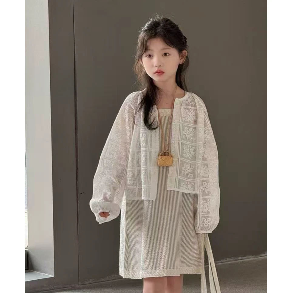 【haobaby】条纹吊带裙花朵蕾丝开衫套装3003