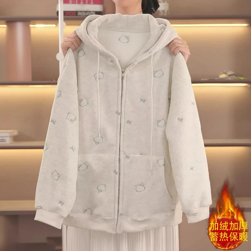 女童加绒外套秋冬2025新款宽松刺绣连帽一体奥粒绒卫衣学生开衫