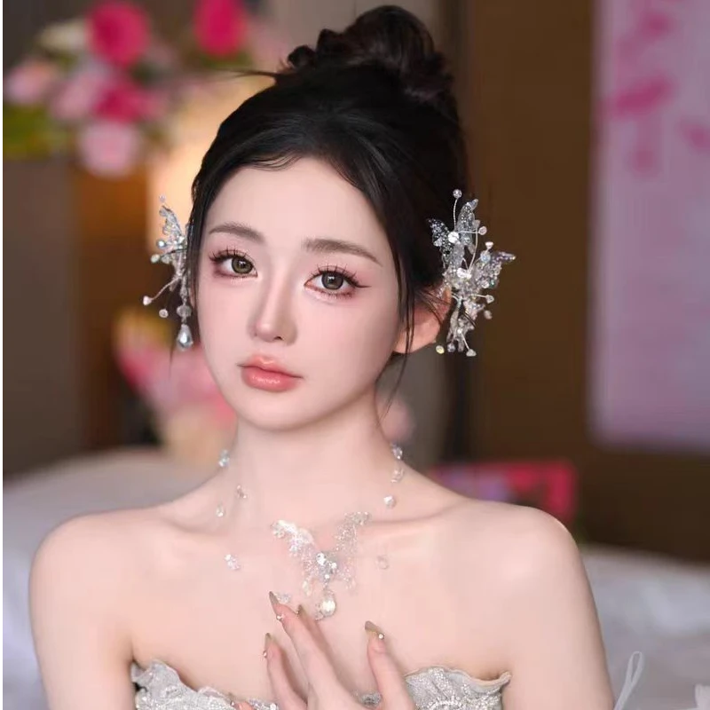 3053新款透明蝴蝶耳挂项链套装手工仙女气质韩式婚纱配饰