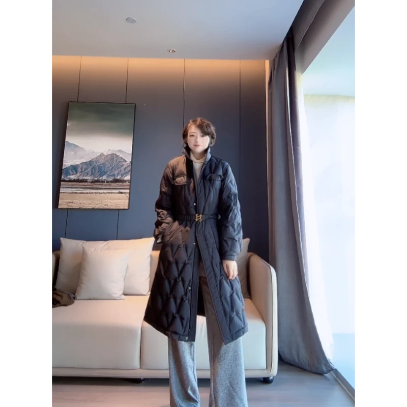 【U.M】翻领绗缝保暖羽绒服简约显瘦气质腰带款新国标90白鸭绒