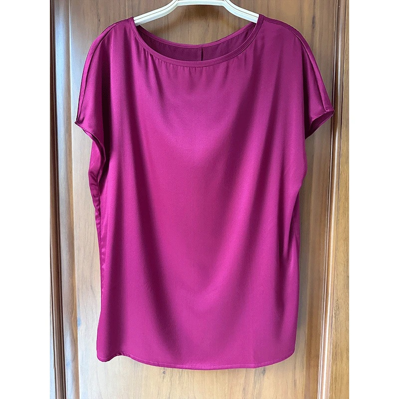 真丝桑蚕丝梭织圆领三分短袖T恤衫女上衣可外穿夏季简约宽松轻薄
